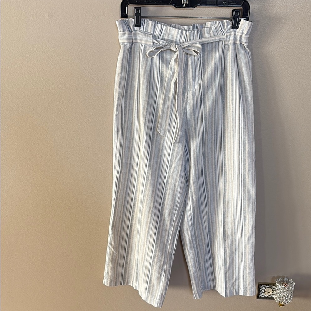 Just Living Striped draw belt pull cotton blend cropped pants wide leg zipped M